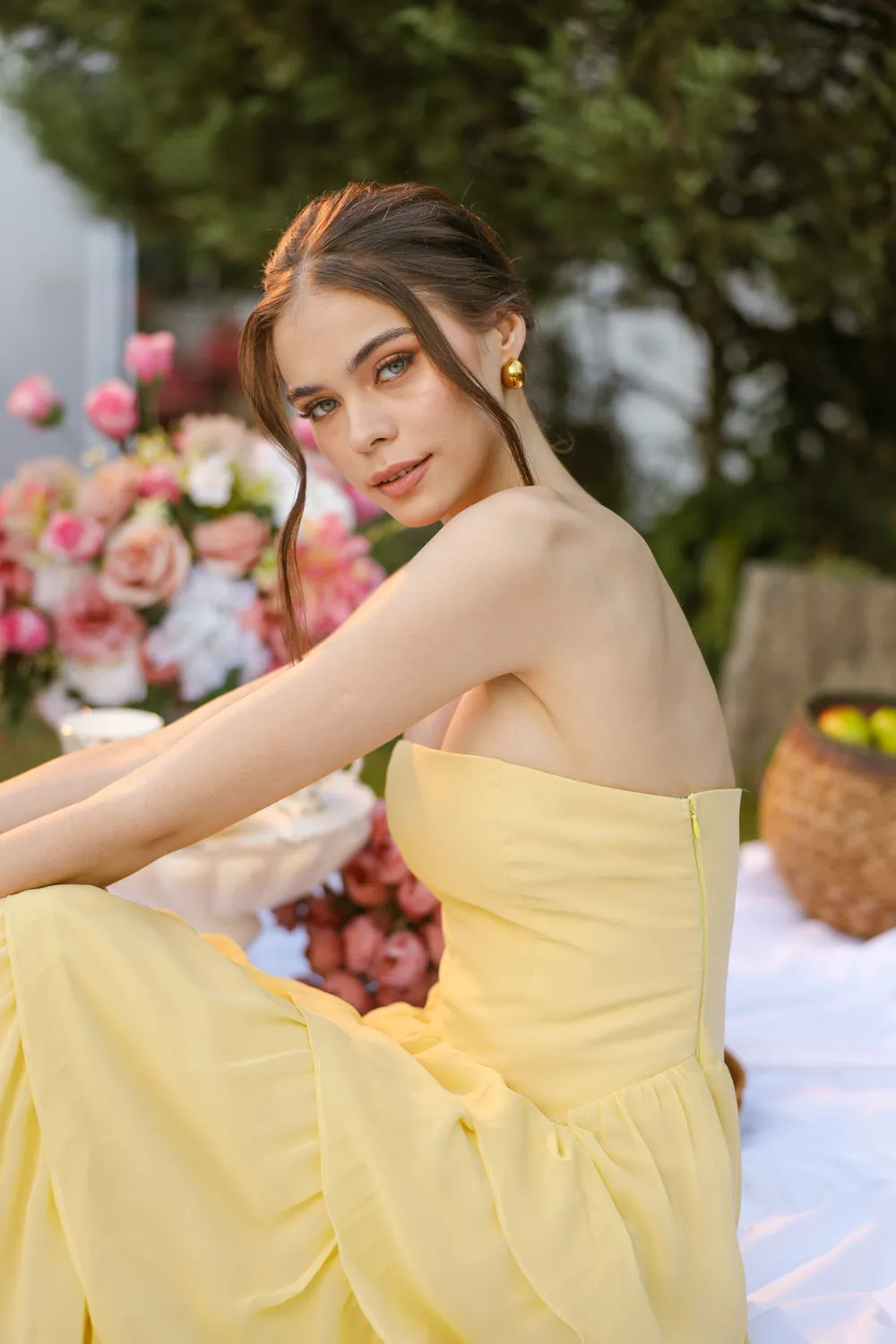 AURORA Strapless Drop Waist Maxi Dress with Layered Skirt (Butter Yellow Chiffon) SAME DAY DELIVERY - SMALL