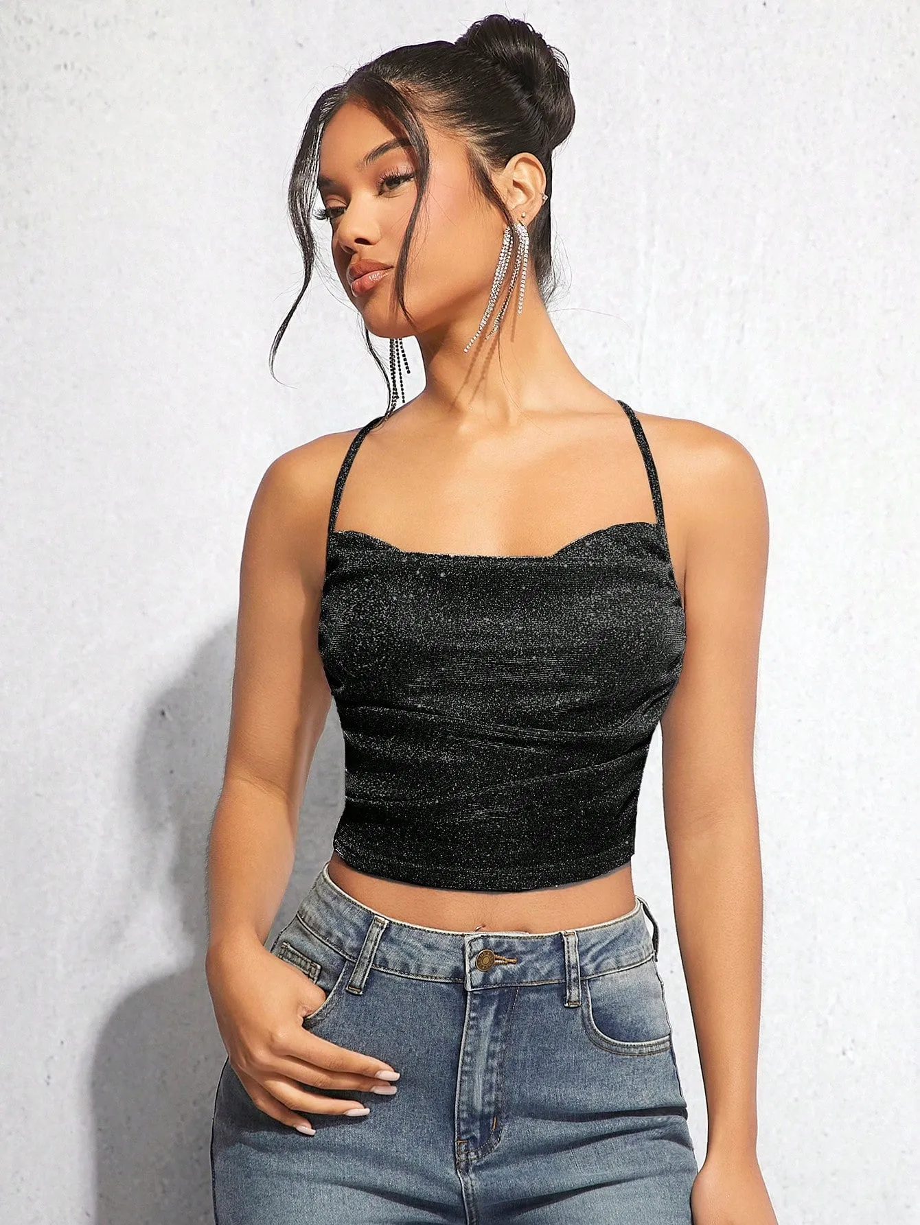 BAE Draped Crisscross Backless Ruched Glitter Cami Top