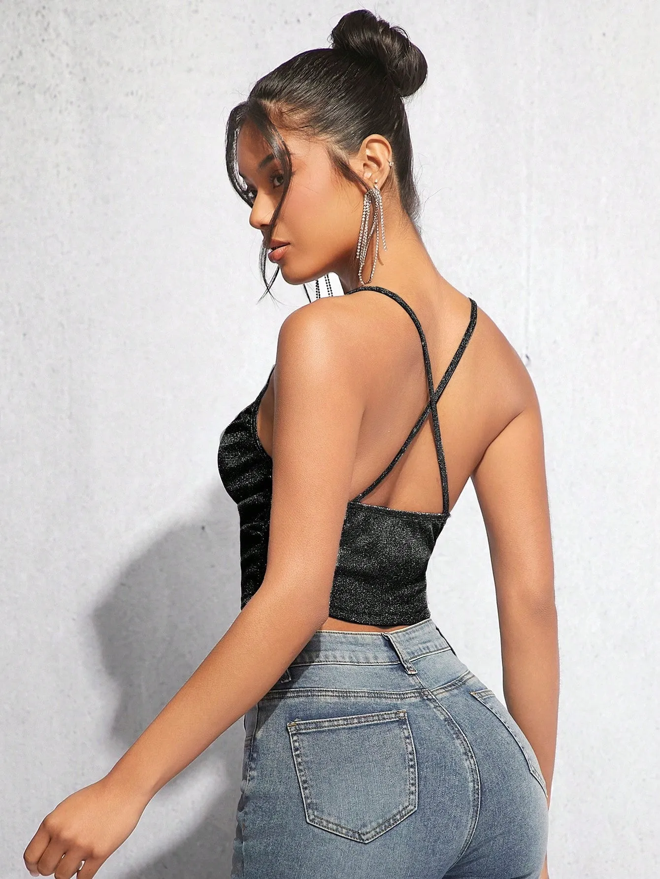 BAE Draped Crisscross Backless Ruched Glitter Cami Top