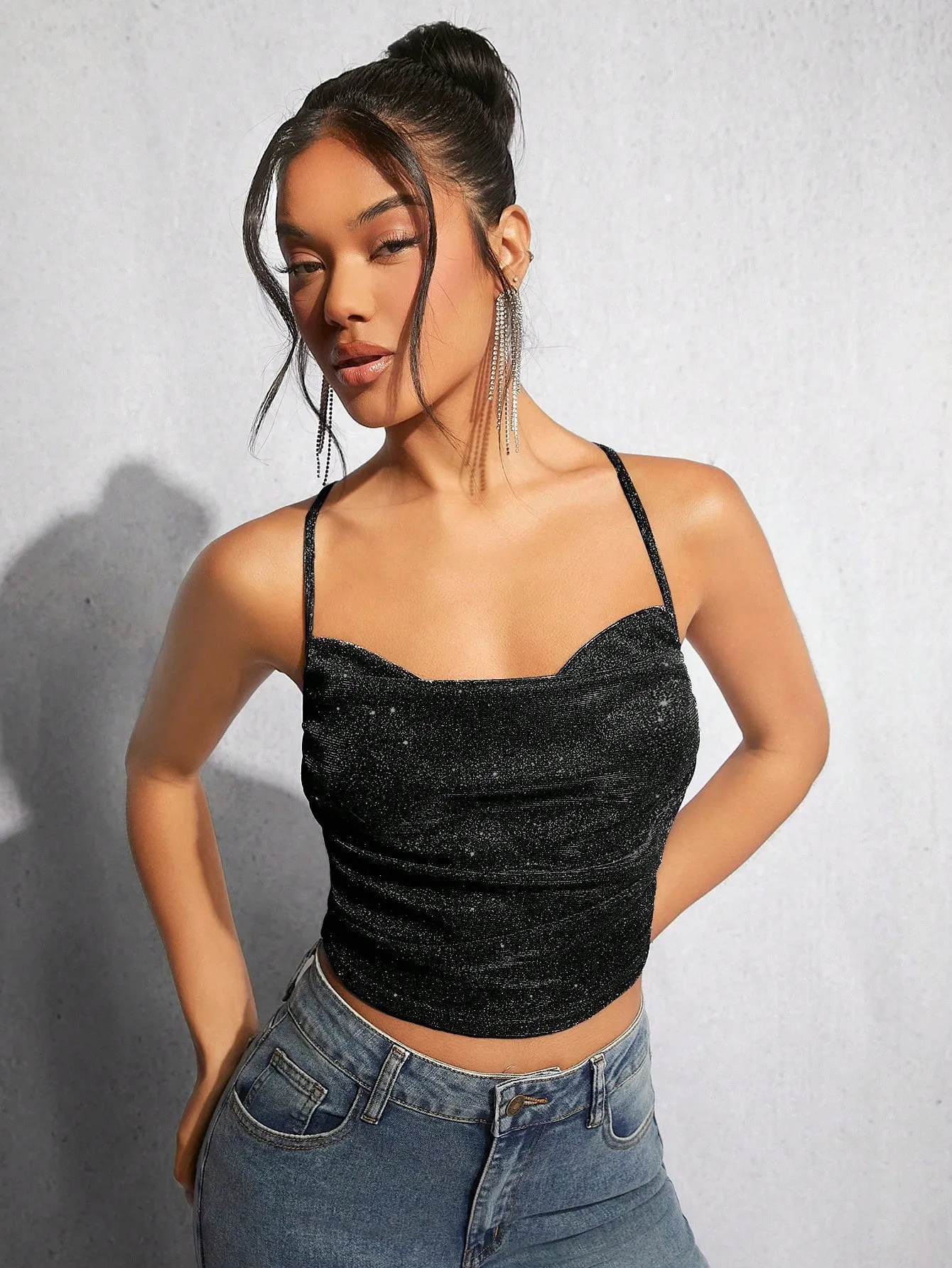 BAE Draped Crisscross Backless Ruched Glitter Cami Top