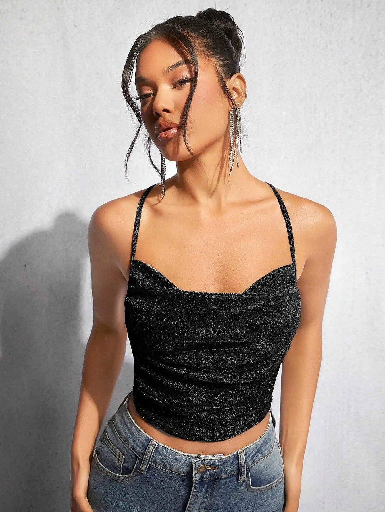 BAE Draped Crisscross Backless Ruched Glitter Cami Top