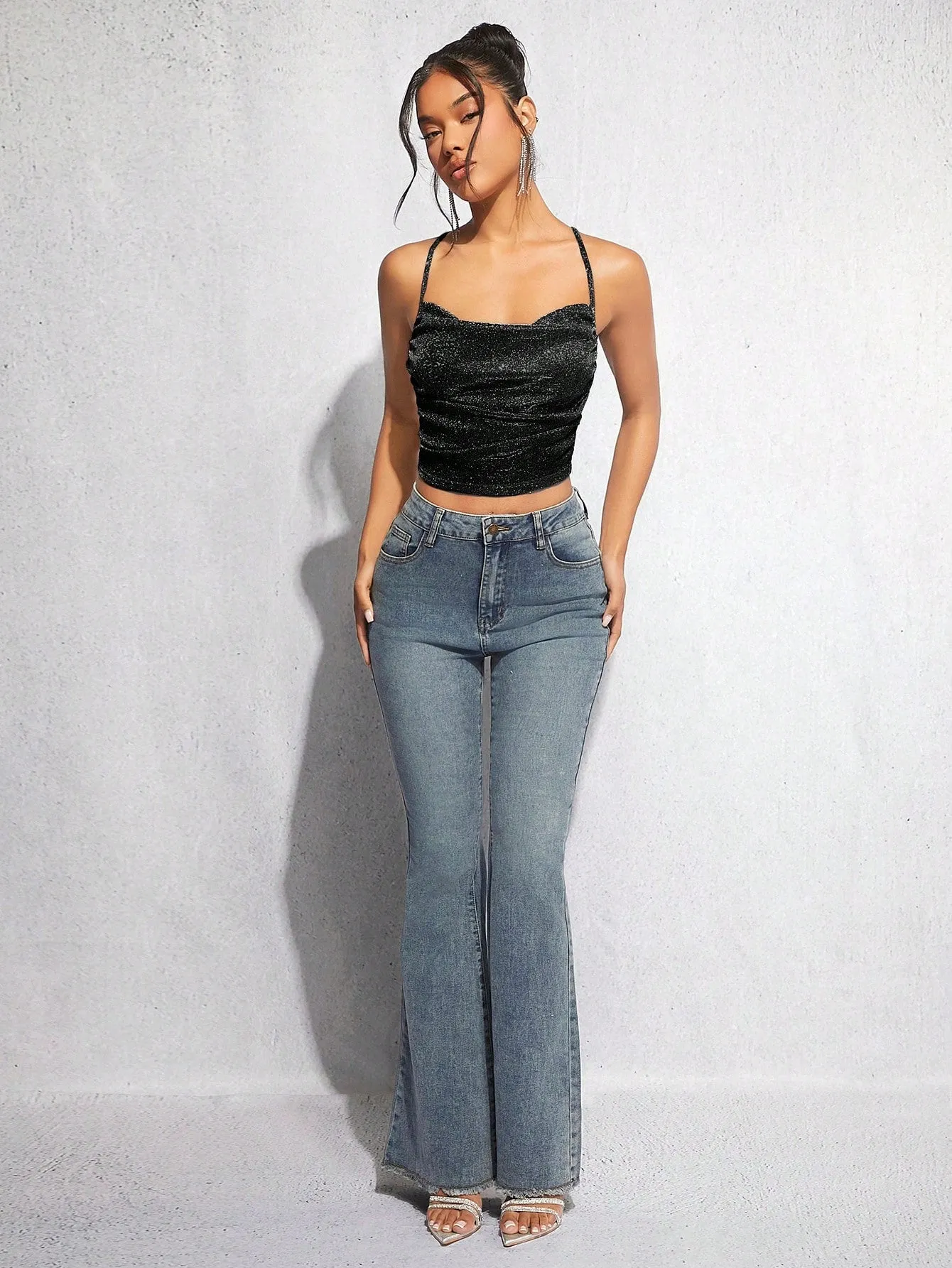BAE Draped Crisscross Backless Ruched Glitter Cami Top
