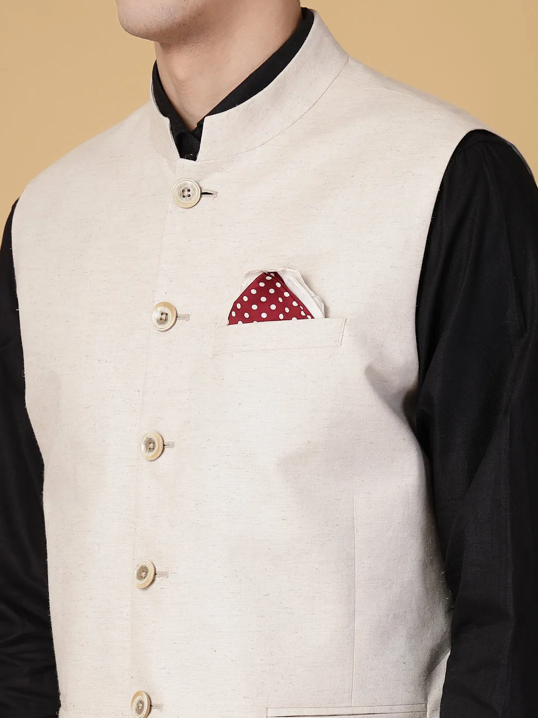 Beige Hemp Solid Nehru Jacket