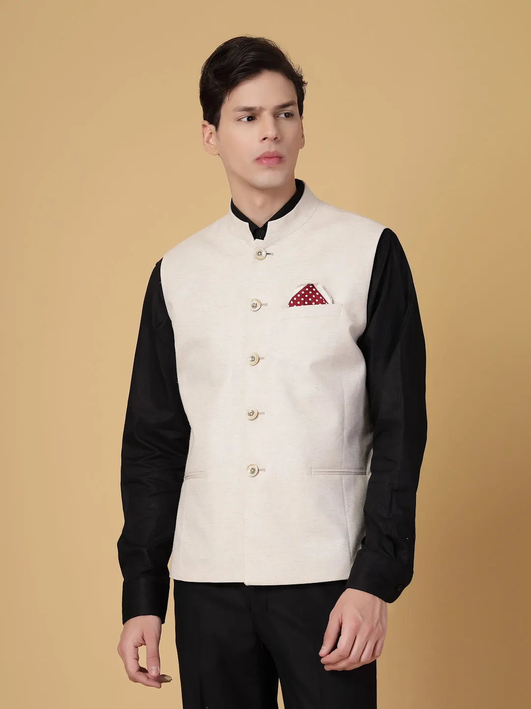 Beige Hemp Solid Nehru Jacket