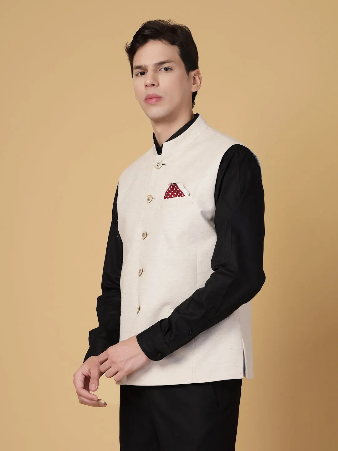 Beige Hemp Solid Nehru Jacket