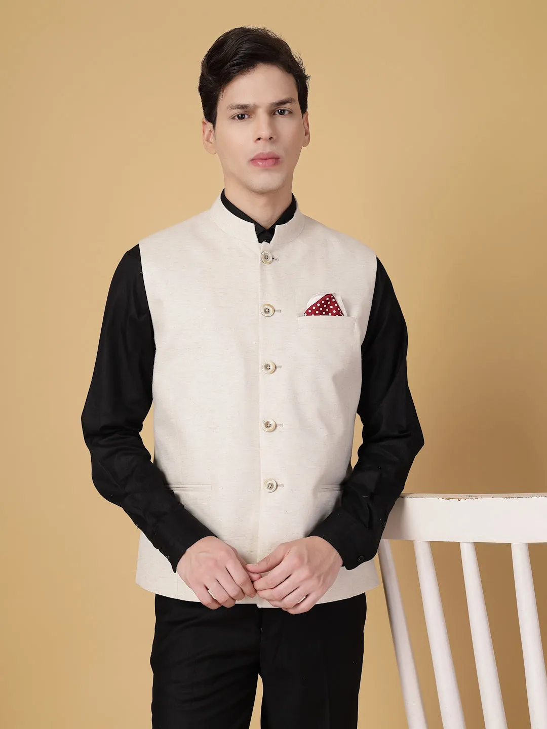 Beige Hemp Solid Nehru Jacket