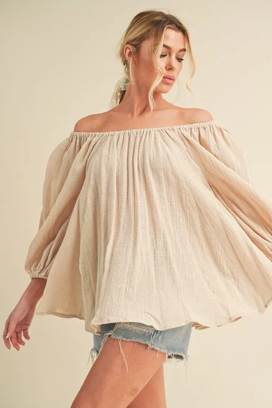 Beige Off-Shoulder Balloon Sleeve Blouse