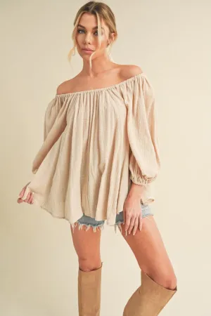 Beige Off-Shoulder Balloon Sleeve Blouse