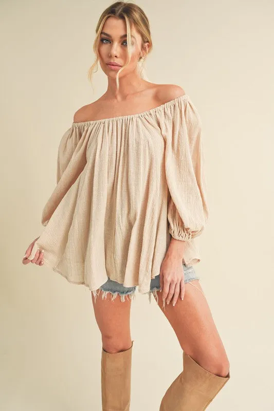 Beige Off-Shoulder Balloon Sleeve Blouse