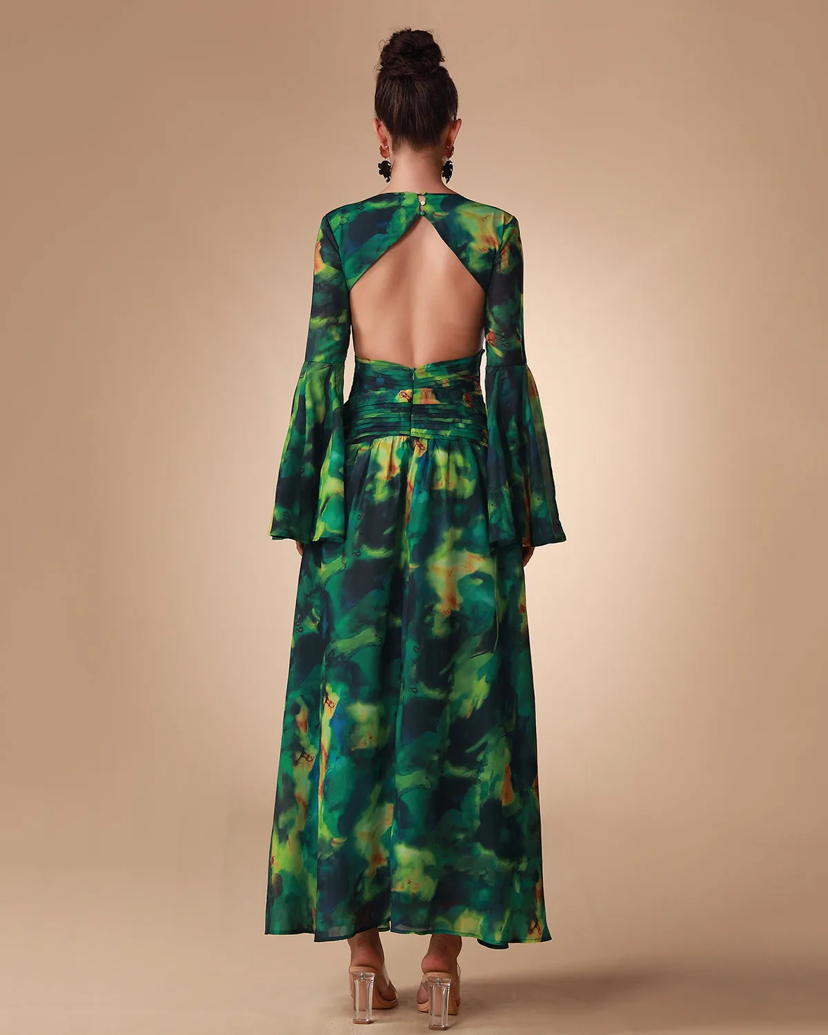 Bell Sleeve Printed Chiffon Maxi Dress