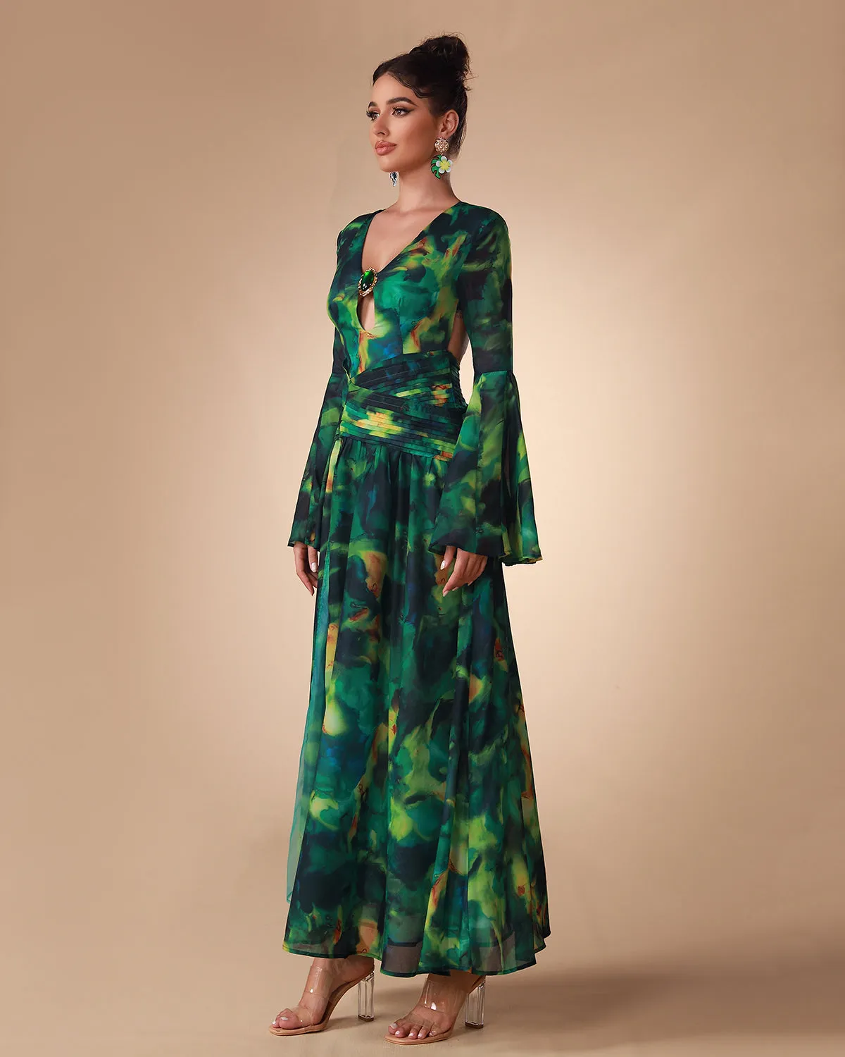 Bell Sleeve Printed Chiffon Maxi Dress