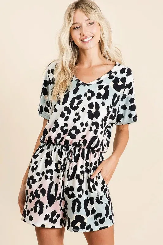 BiBi Gradation Leopard Soft Knit V-neck Romper