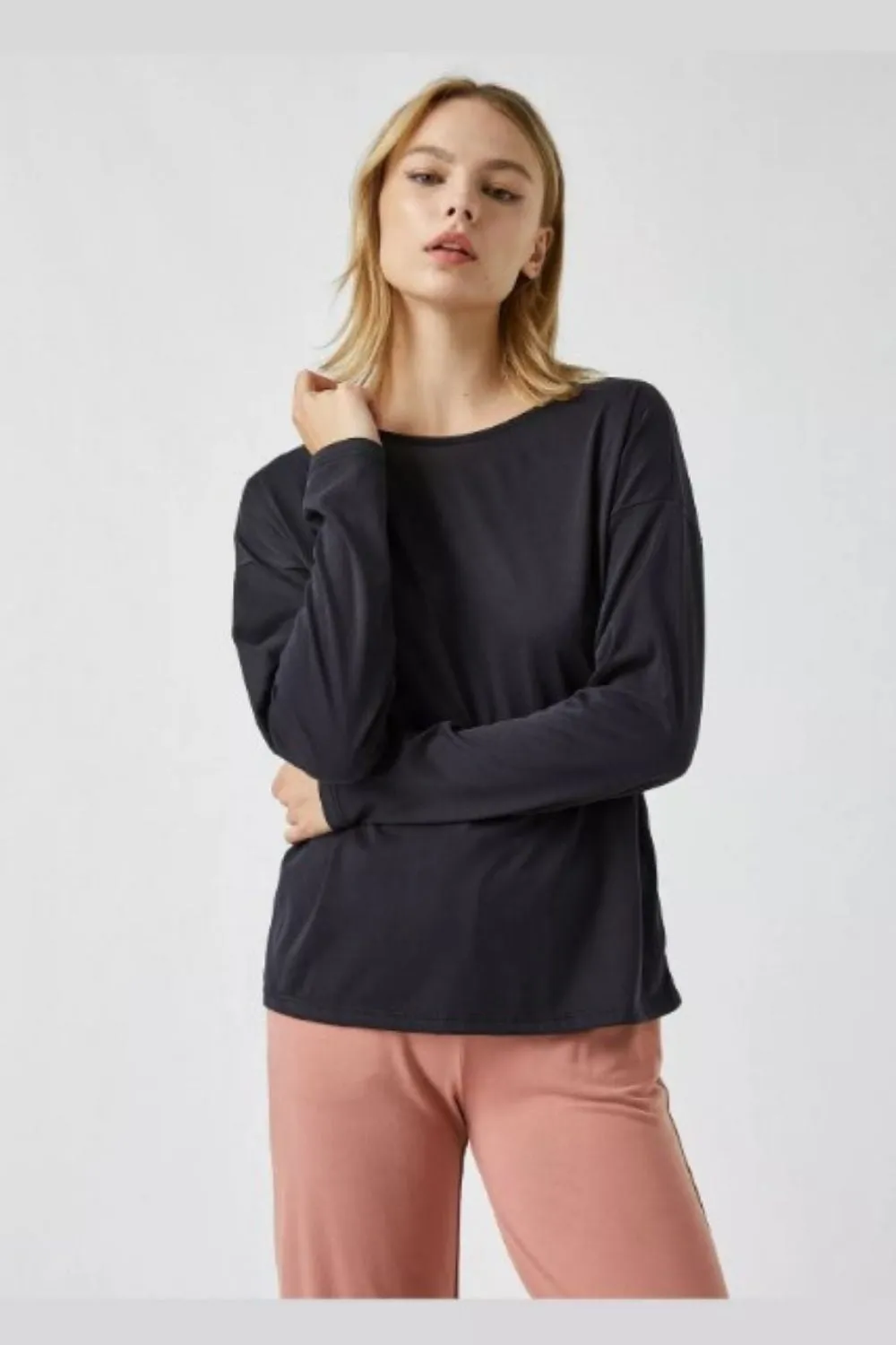 Black Back Cut Out Round Neckline Top