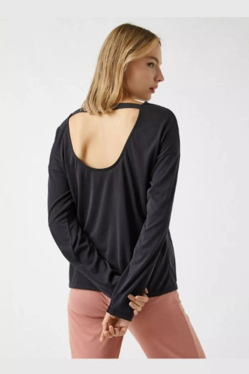 Black Back Cut Out Round Neckline Top