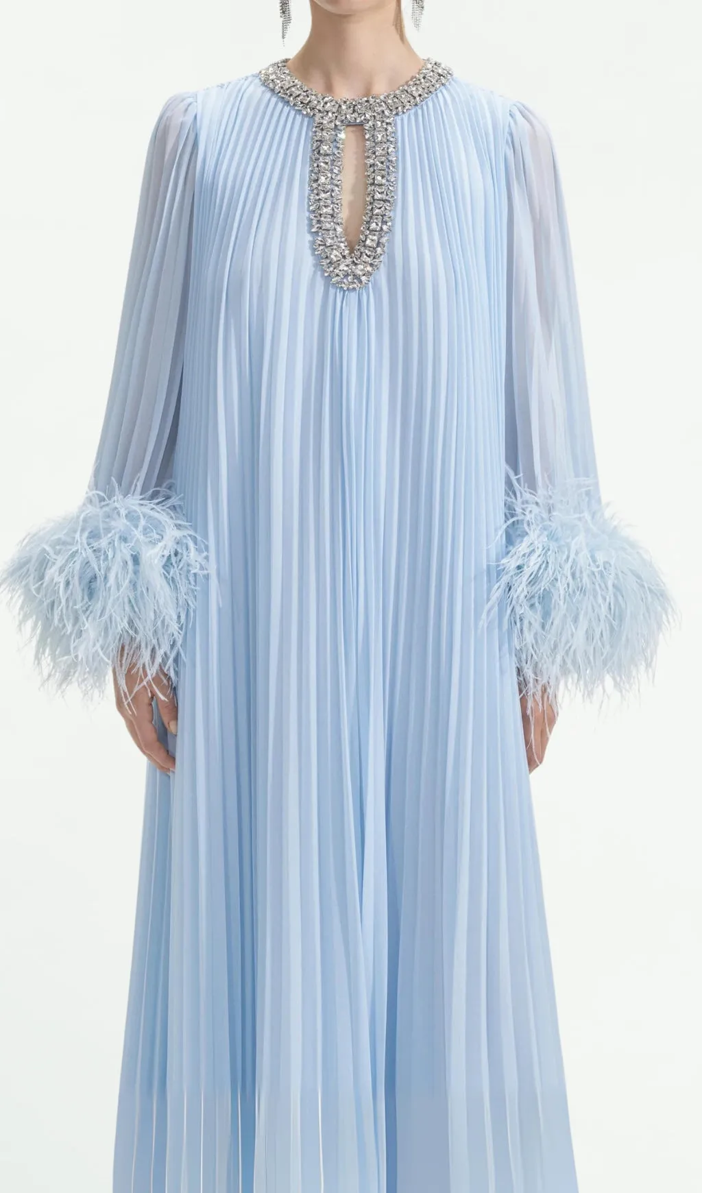 BLUE CHIFFON FEATHER MIDI DRESS