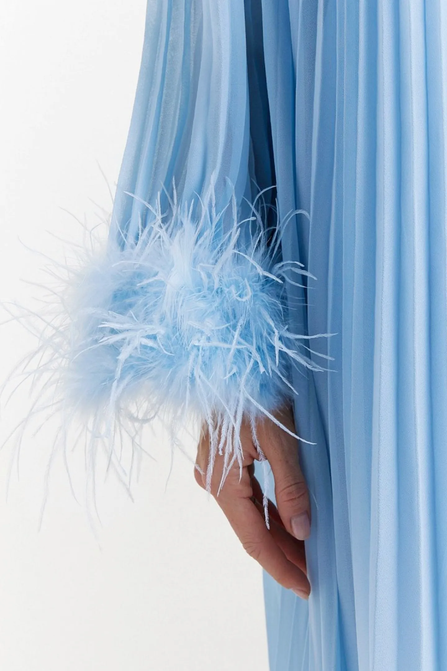 BLUE CHIFFON FEATHER MIDI DRESS