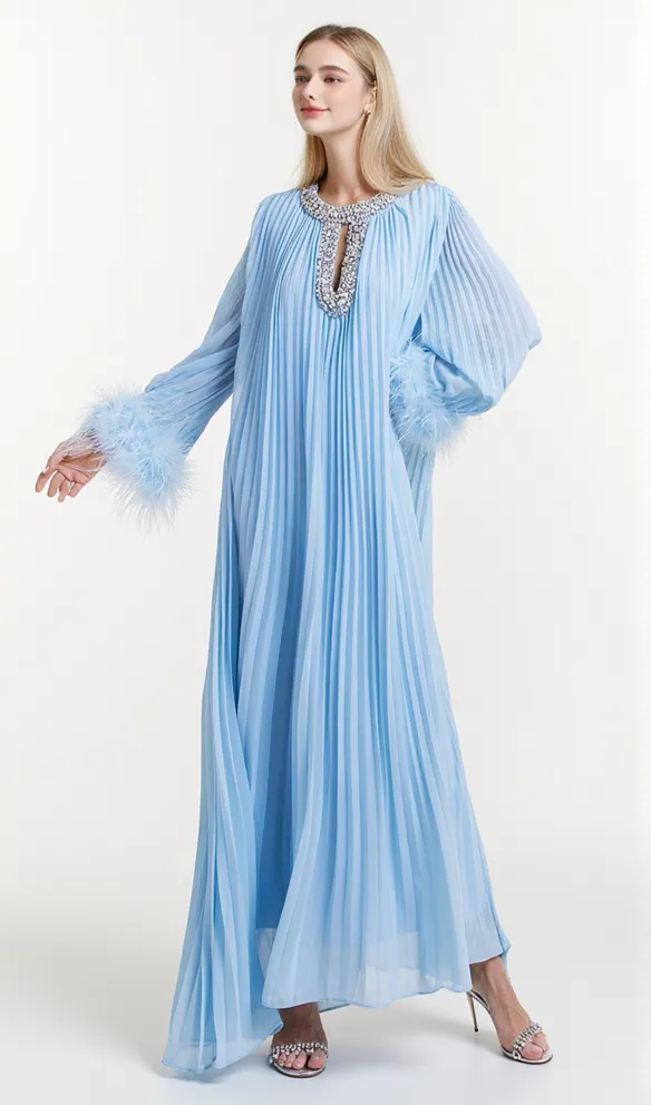BLUE CHIFFON FEATHER MIDI DRESS