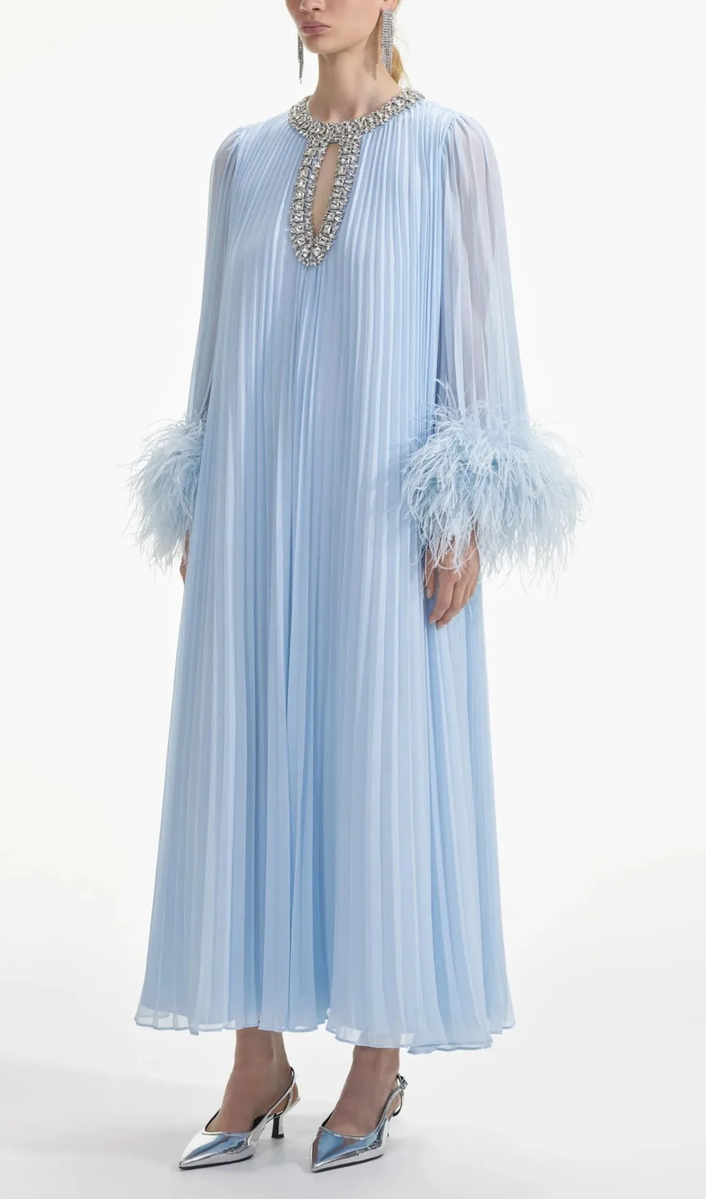 BLUE CHIFFON FEATHER MIDI DRESS