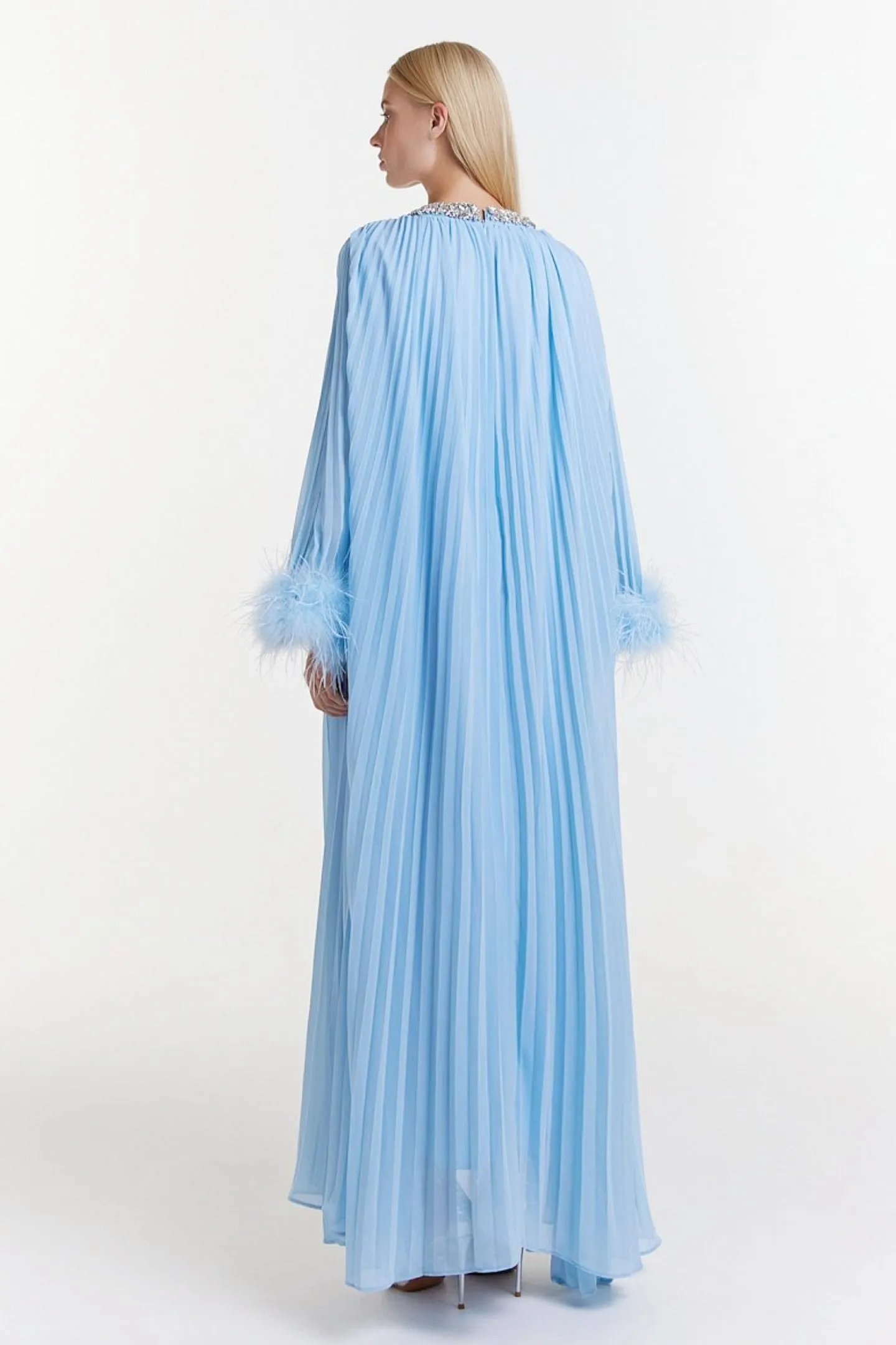 BLUE CHIFFON FEATHER MIDI DRESS