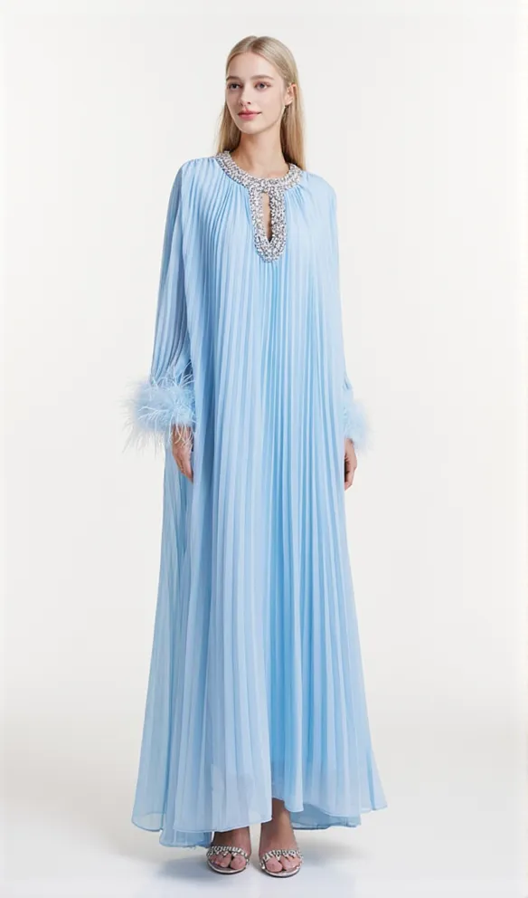 BLUE CHIFFON FEATHER MIDI DRESS