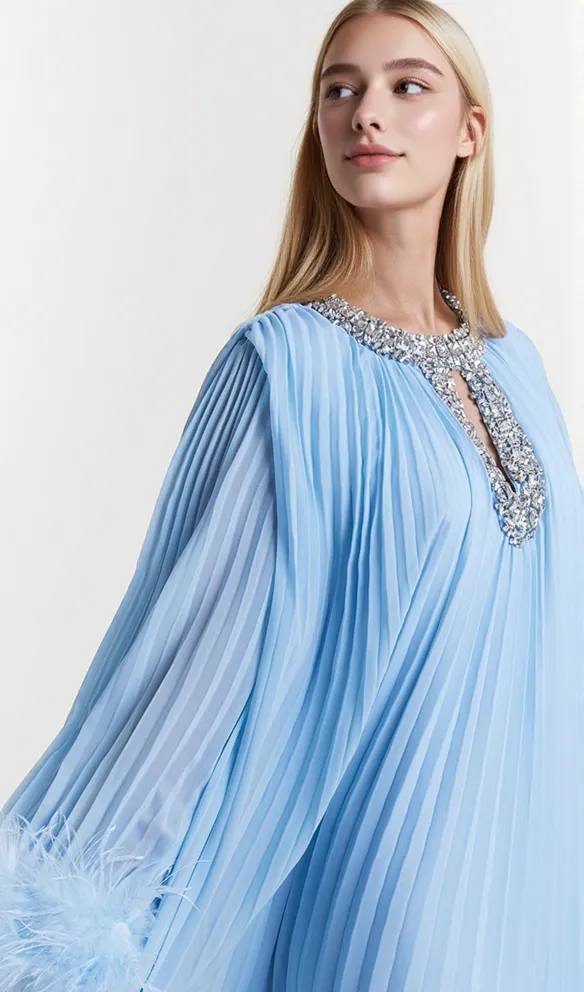 BLUE CHIFFON FEATHER MIDI DRESS