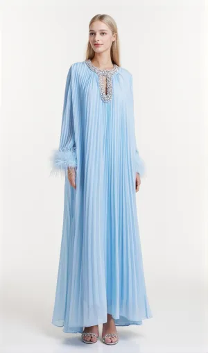 BLUE CHIFFON FEATHER MIDI DRESS