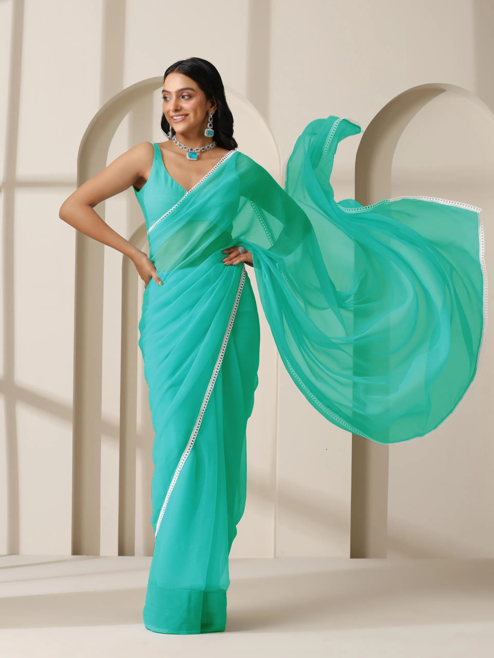 Blue Ice Chiffon with Lace and Self Blouse Fabric
