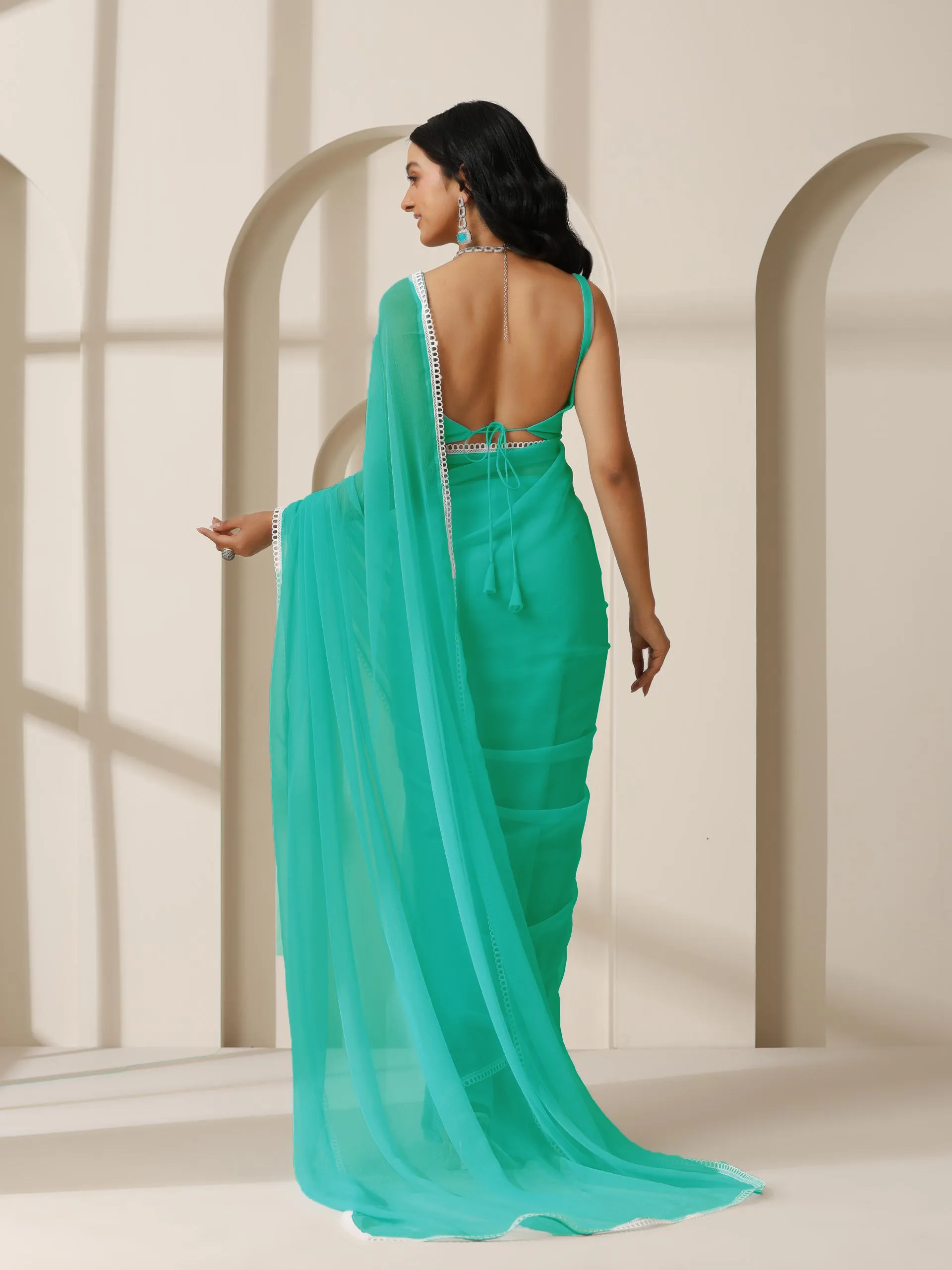 Blue Ice Chiffon with Lace and Self Blouse Fabric