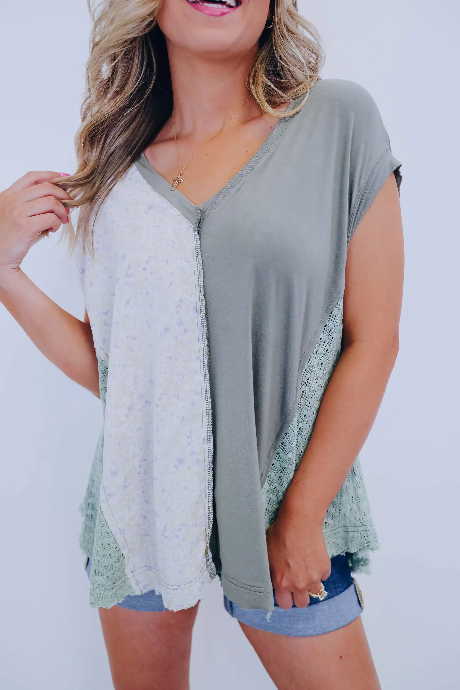 Briar Crochet Blocked V-Neck Top By POL- 2 Colors