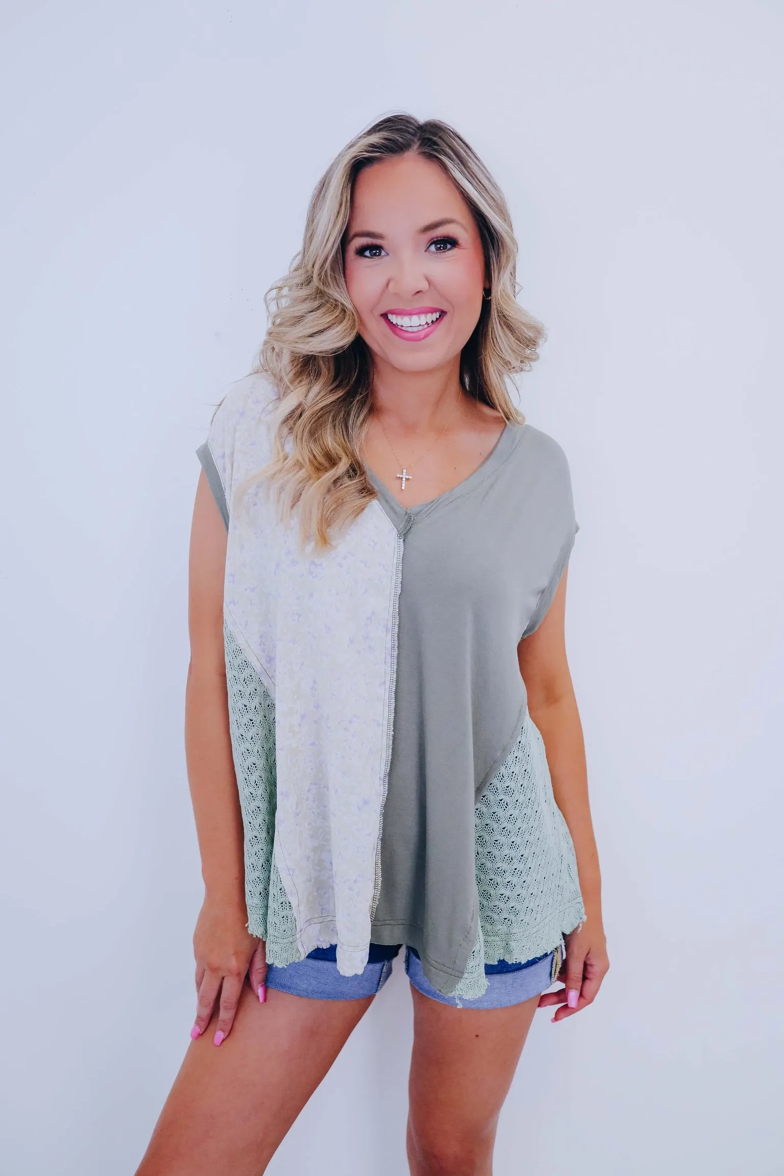 Briar Crochet Blocked V-Neck Top By POL- 2 Colors