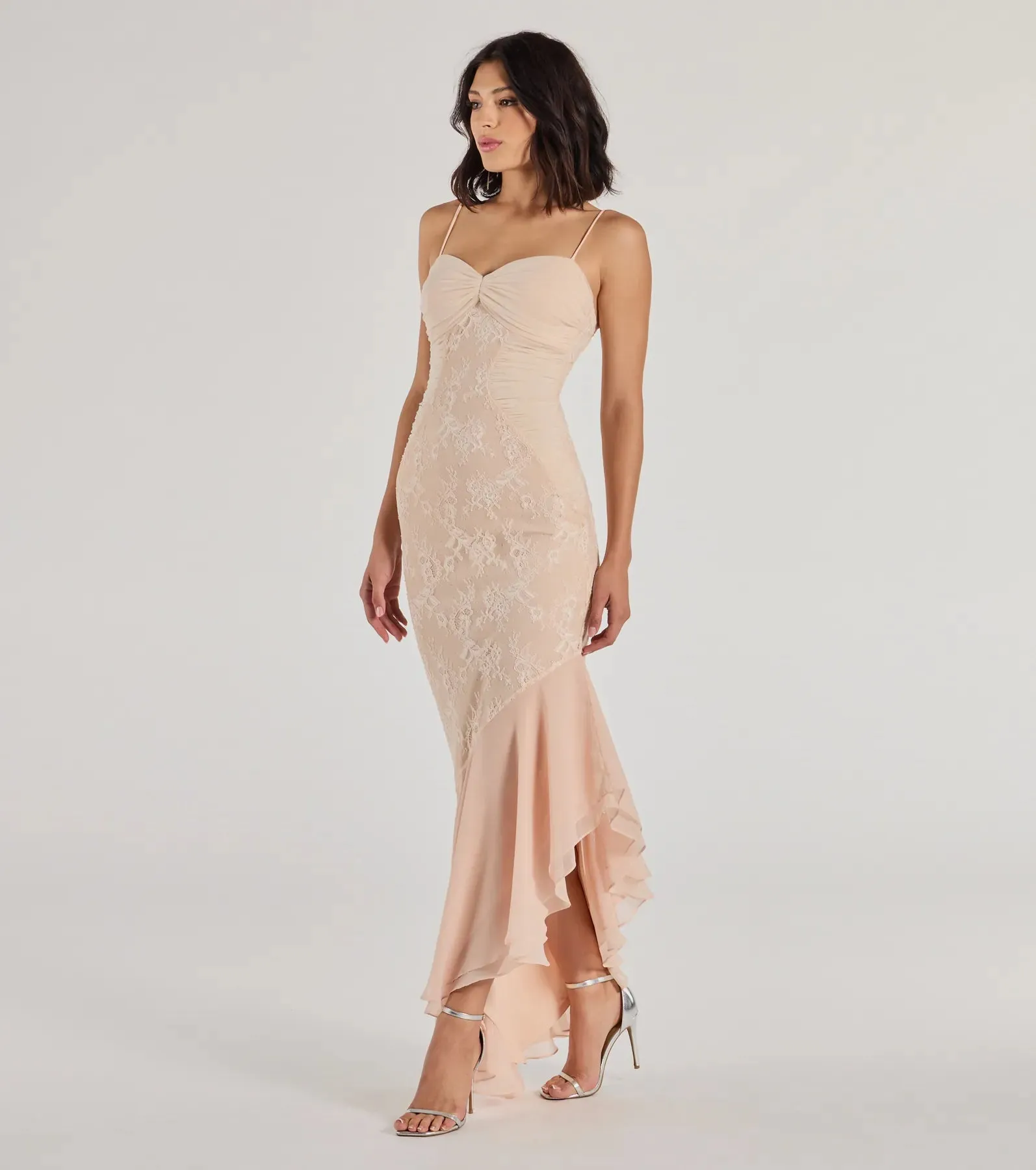 Brinley Lace Chiffon Asymmetric Mermaid Dress