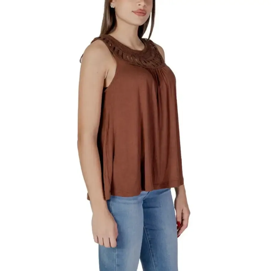 Brown Sleeveless Top with Cutout Neckline