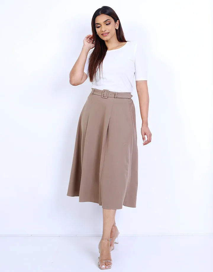 Buckle Belted Fold Pleated Skirt