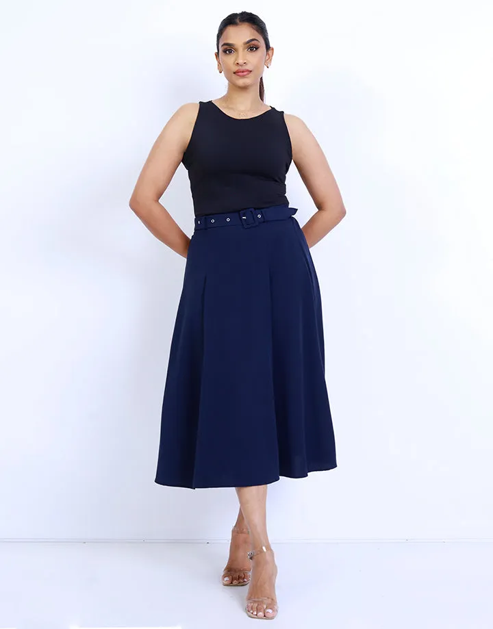Buckle Belted Fold Pleated Skirt