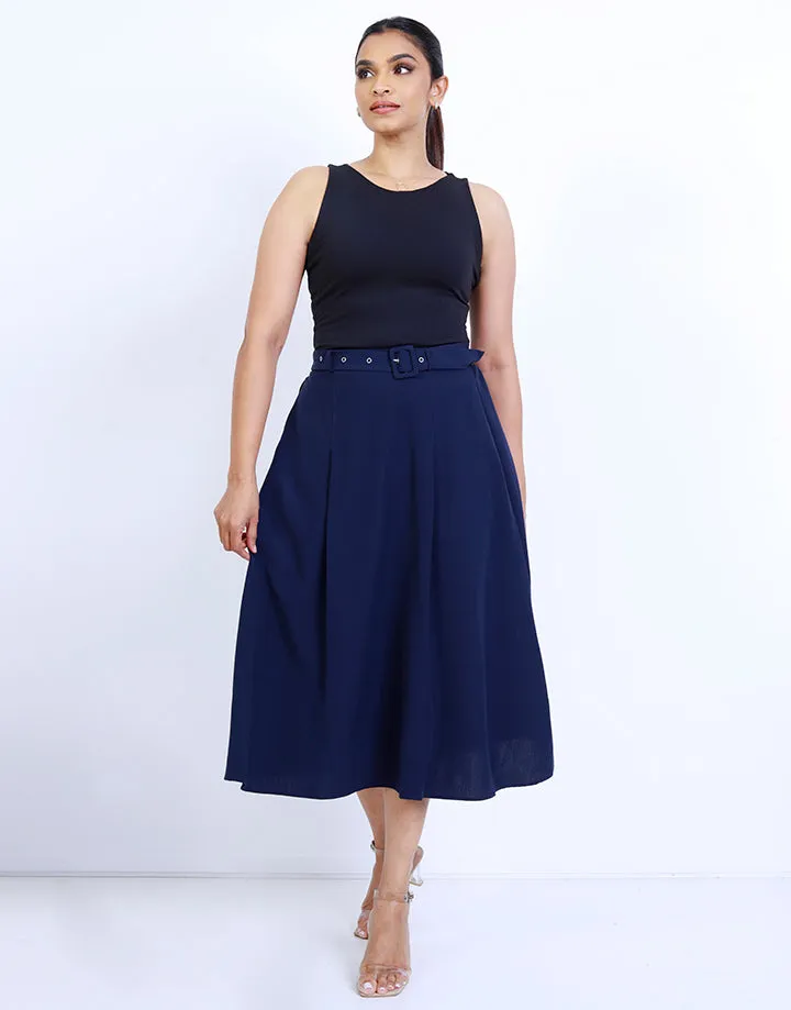 Buckle Belted Fold Pleated Skirt