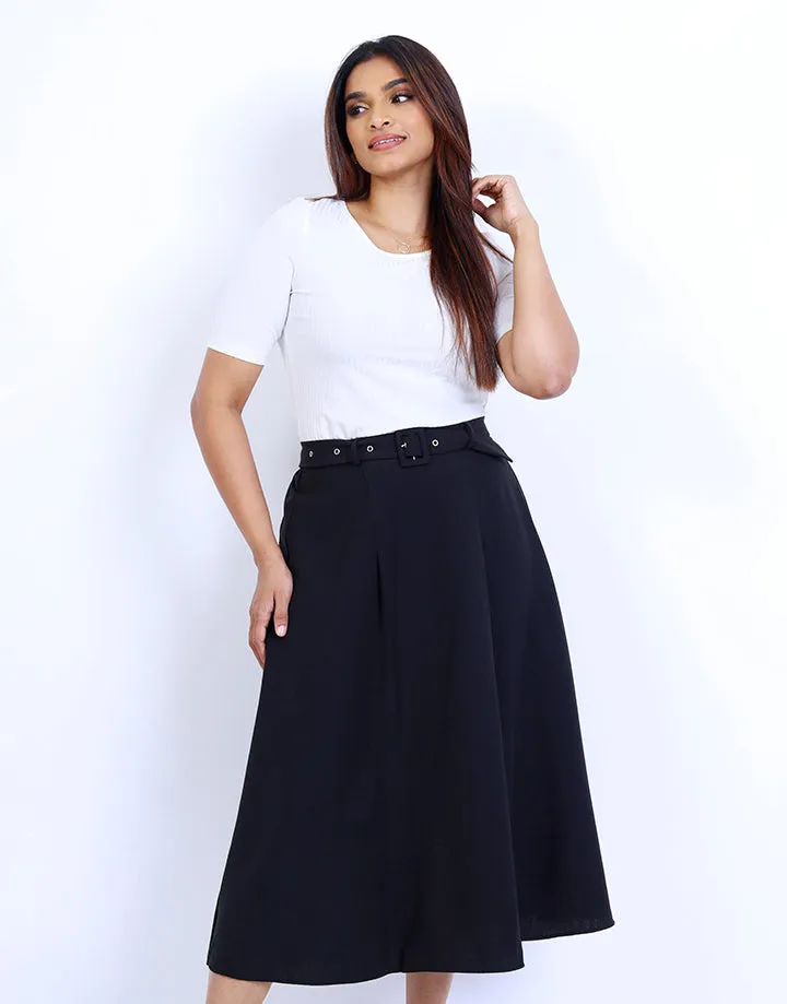 Buckle Belted Fold Pleated Skirt