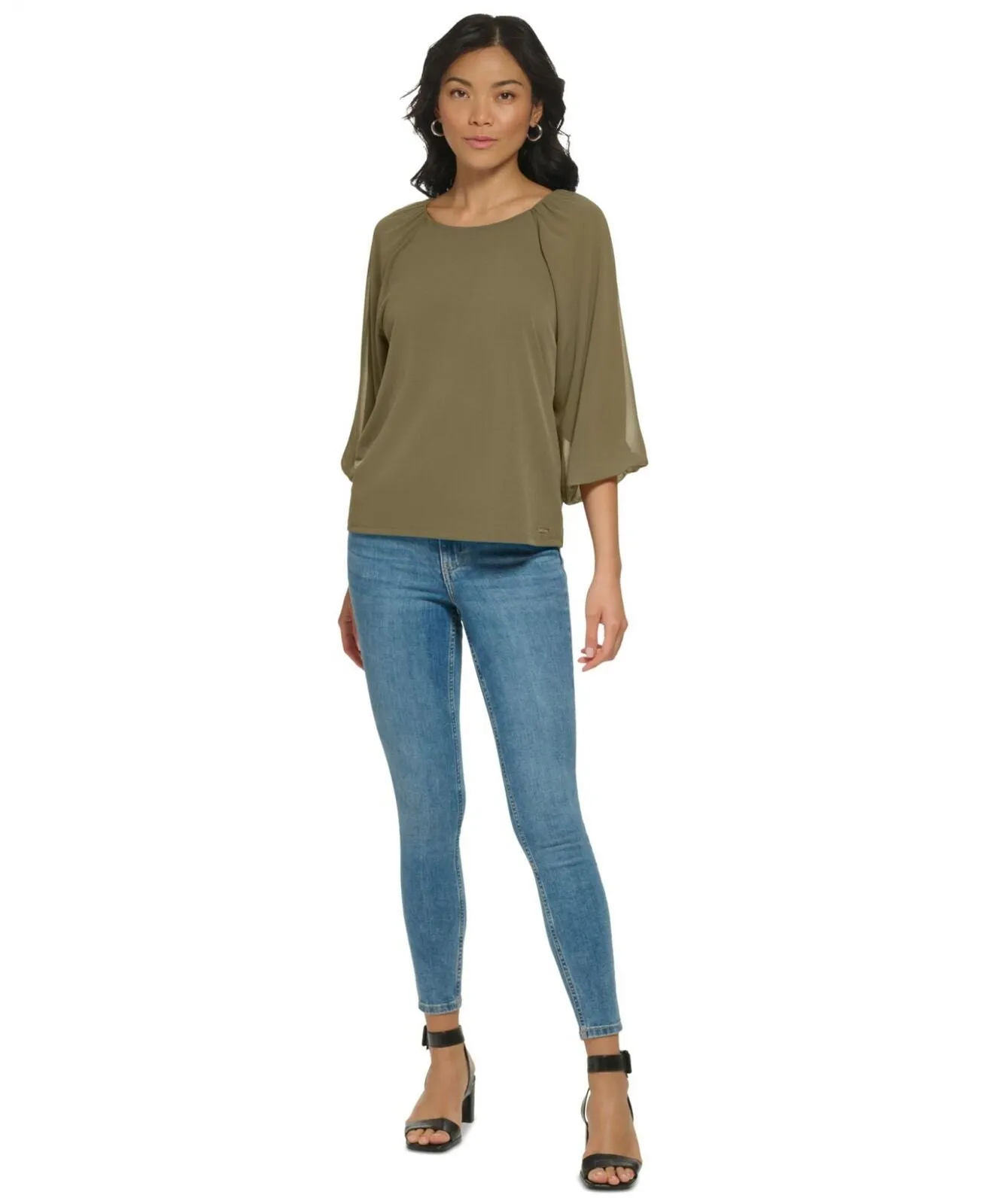 Calvin Klein Womens 3/4 Chiffon Sleeve Mixed Media Blouse Caper Green XL
