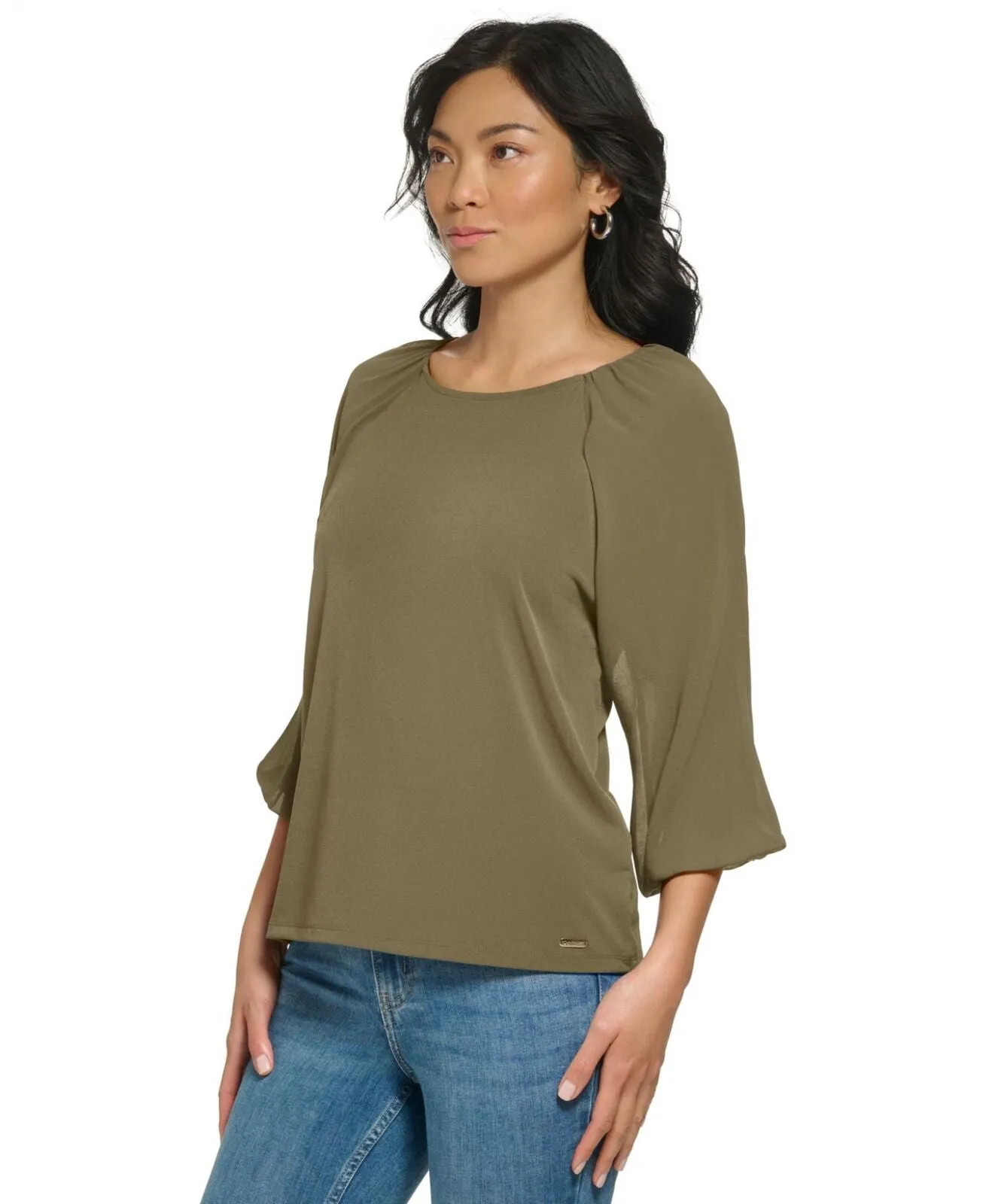 Calvin Klein Womens 3/4 Chiffon Sleeve Mixed Media Blouse Caper Green XL