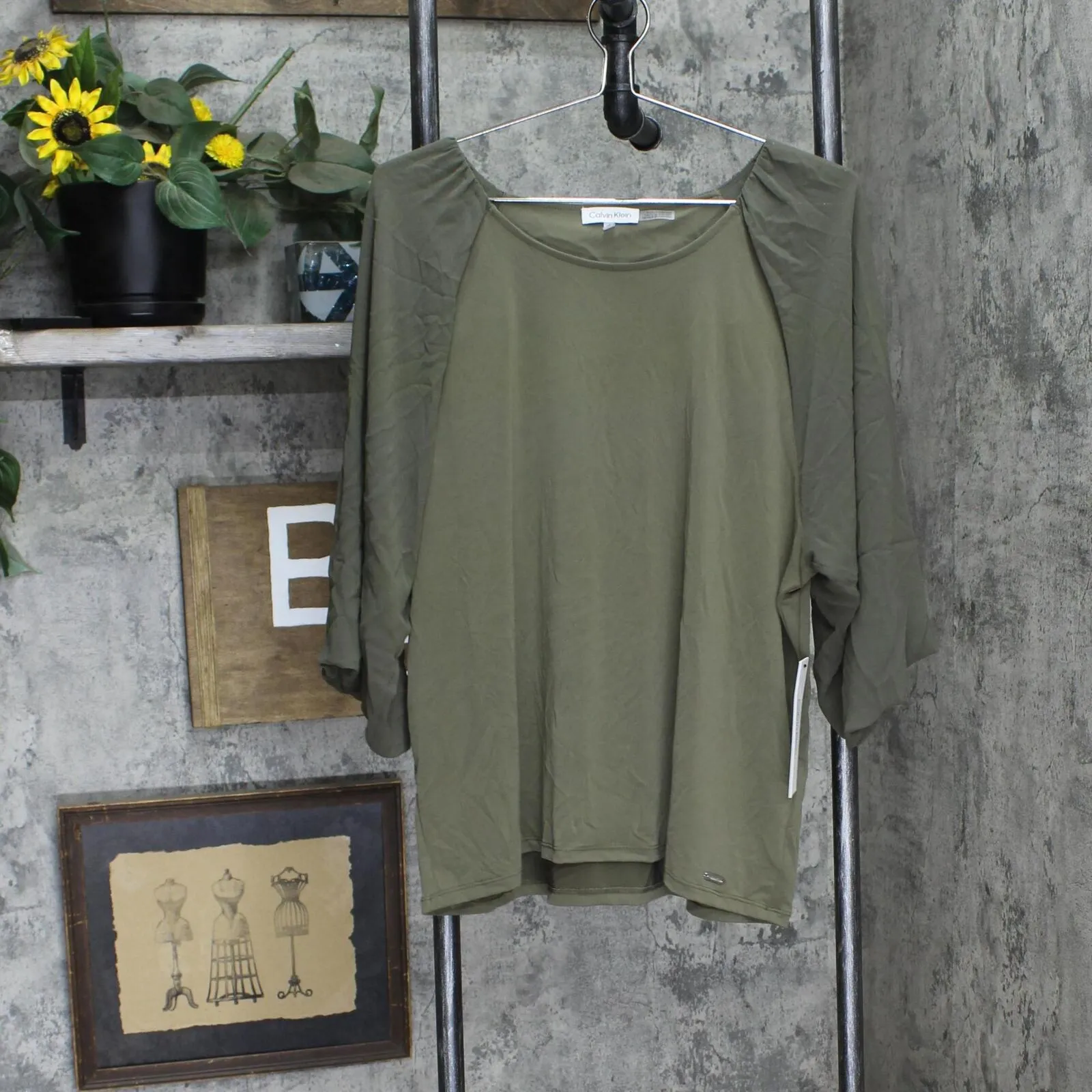 Calvin Klein Womens 3/4 Chiffon Sleeve Mixed Media Blouse Caper Green XL
