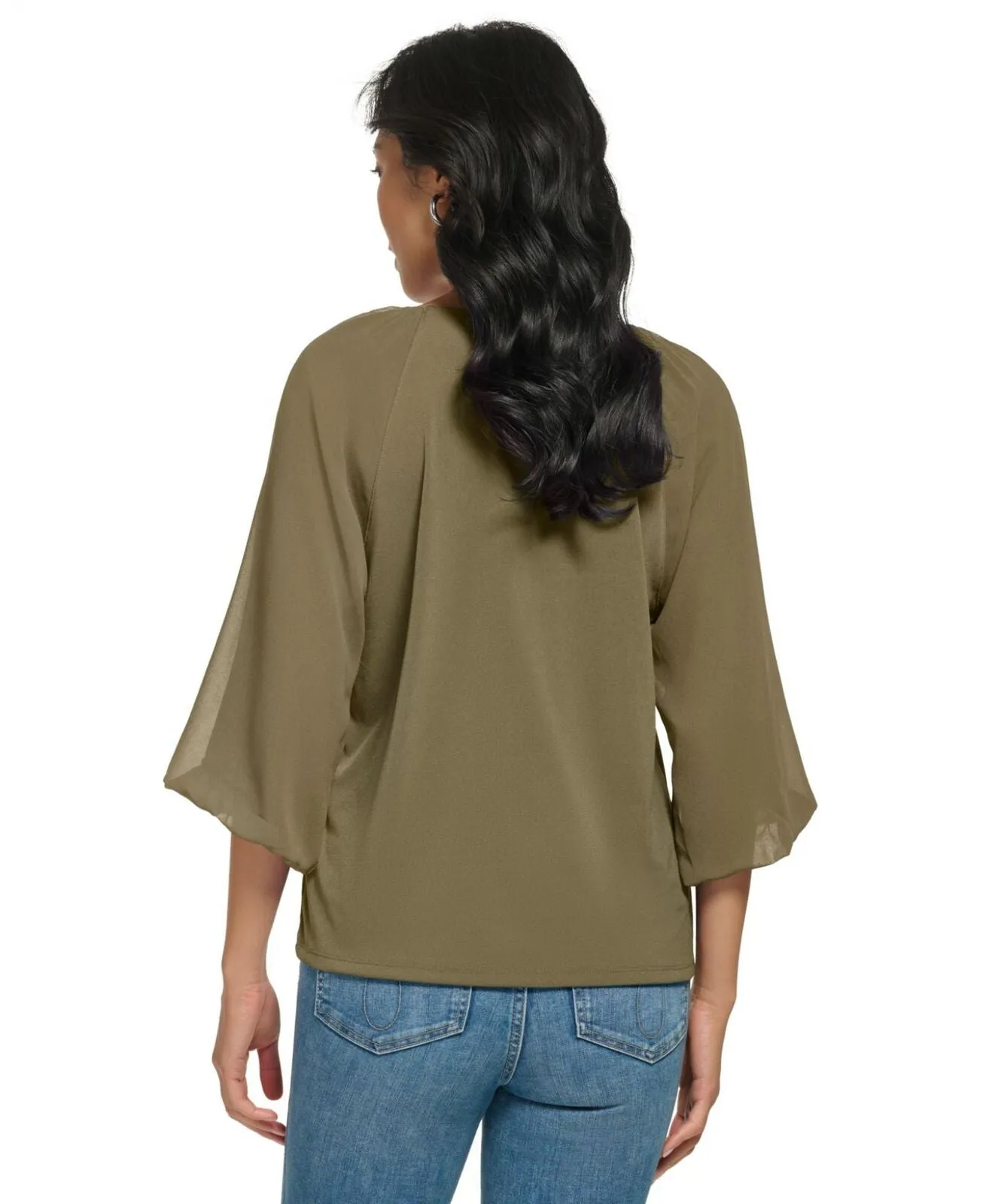 Calvin Klein Womens 3/4 Chiffon Sleeve Mixed Media Blouse Caper Green XL