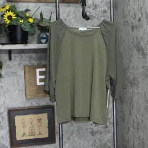 Calvin Klein Womens 3/4 Chiffon Sleeve Mixed Media Blouse Caper Green XL