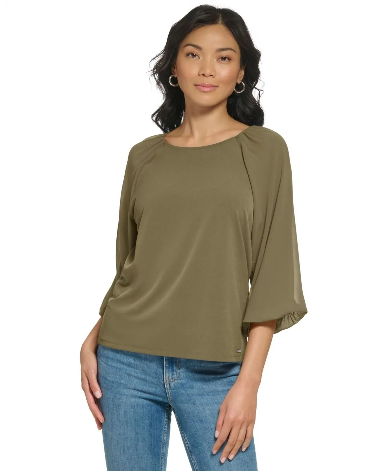 Calvin Klein Womens 3/4 Chiffon Sleeve Mixed Media Blouse Caper Green XL