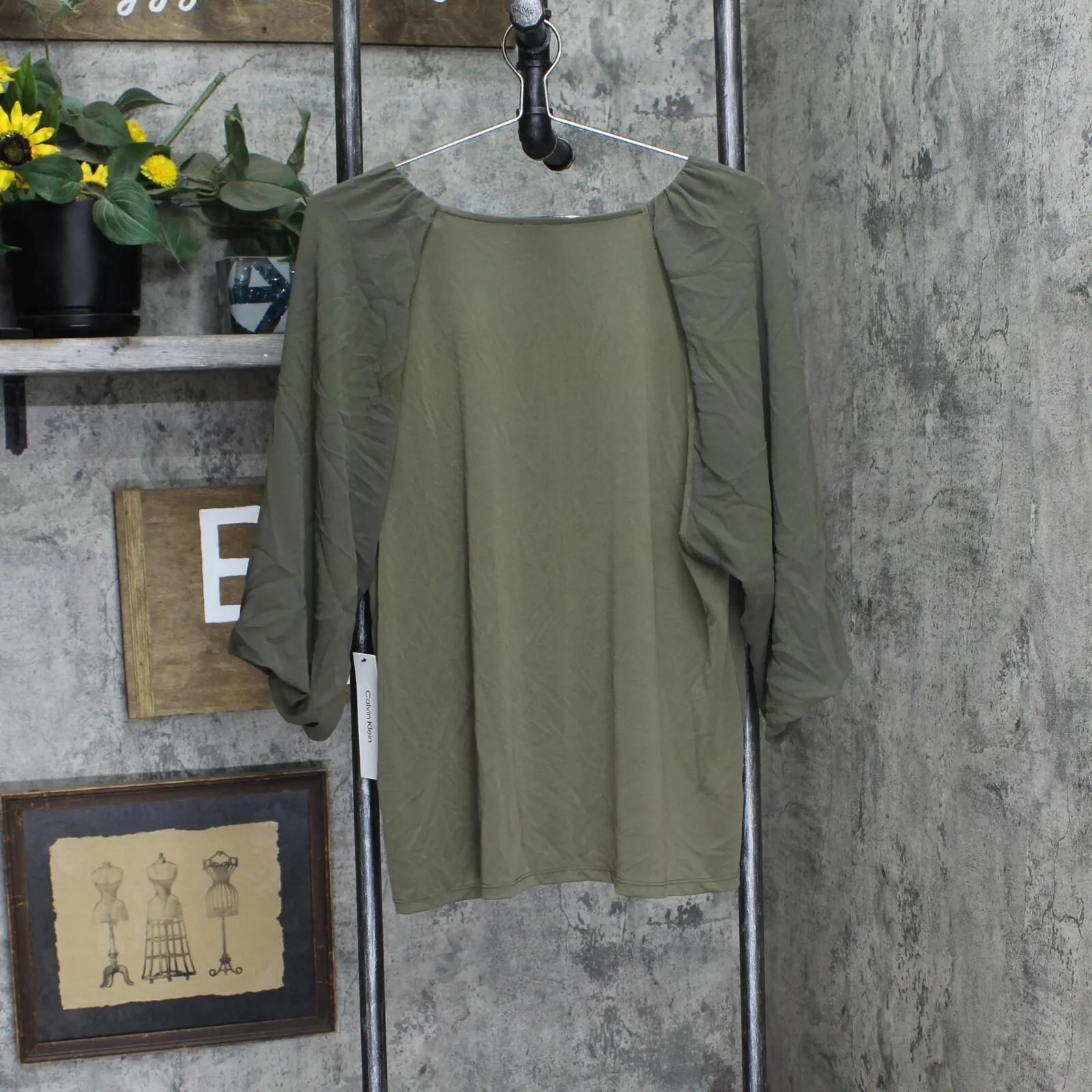 Calvin Klein Womens 3/4 Chiffon Sleeve Mixed Media Blouse Caper Green XL