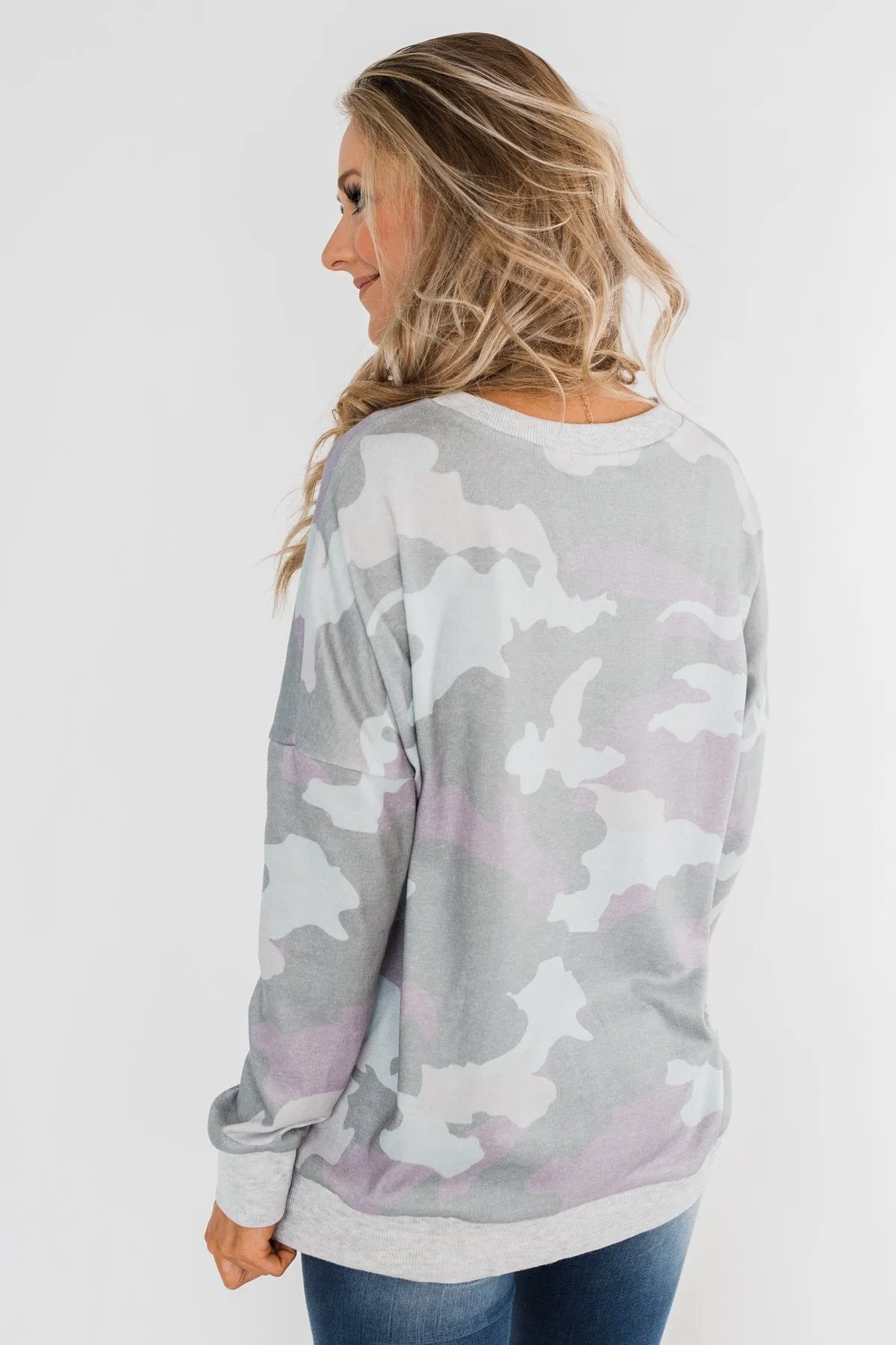 Camo Print Long Sleeve Top- Purple