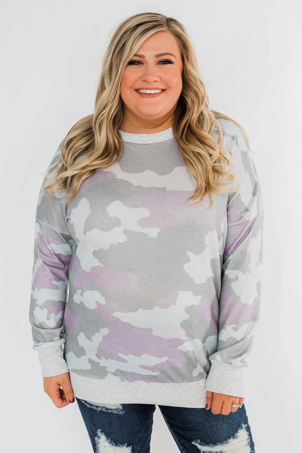 Camo Print Long Sleeve Top- Purple