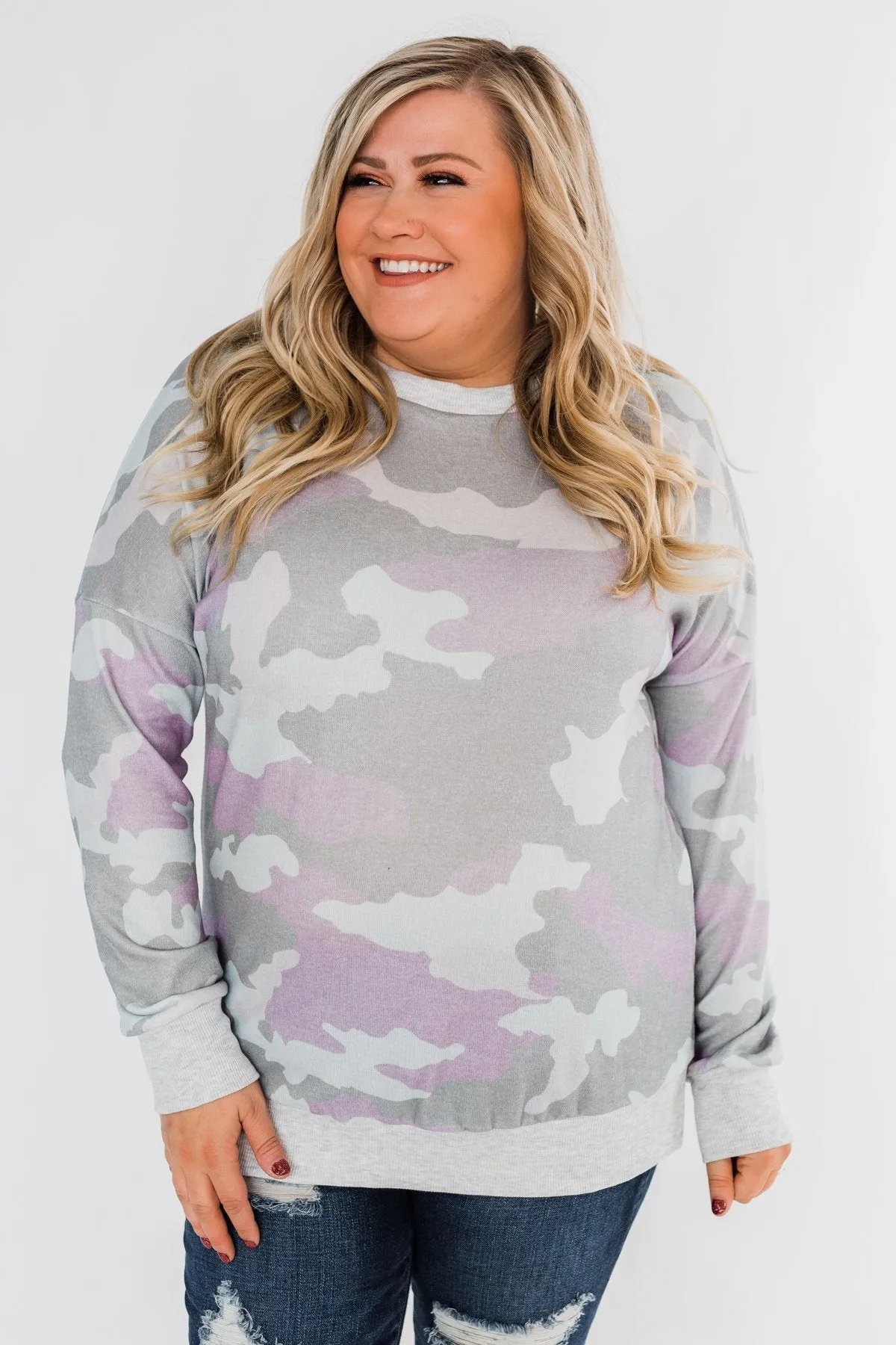 Camo Print Long Sleeve Top- Purple