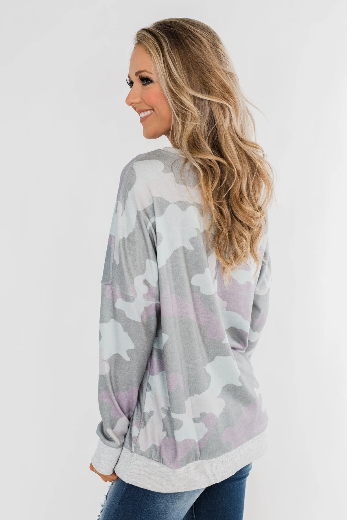 Camo Print Long Sleeve Top- Purple