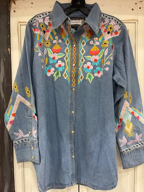 CF33-28 DENIM TUNIC FLORAL STITCHING XL