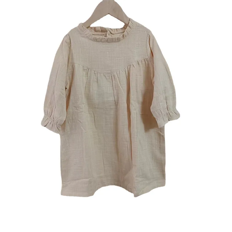 Children's Simple Long Sleeved Lace Cotton Dress