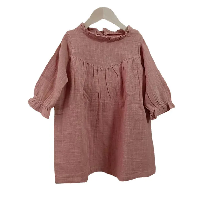 Children's Simple Long Sleeved Lace Cotton Dress